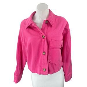 Zara Women's Pink Long Sleeve Button Down Cropped Denim Jean Jacket Size XS